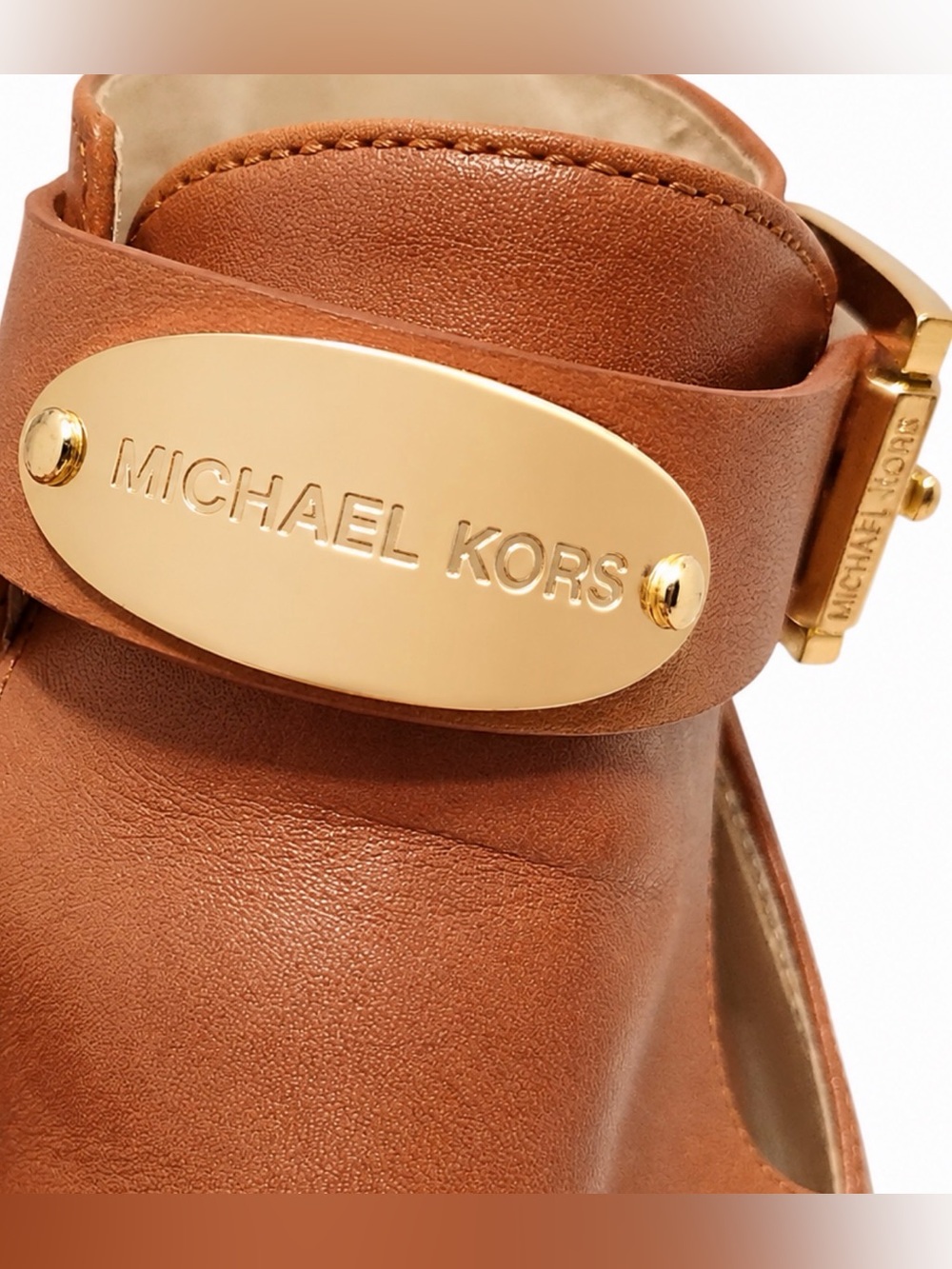 Michael Kors MK Plate Open Toe Cognac Leather Booties Heels Shoes Luggage Tan 7 - Picture 5 of 10
